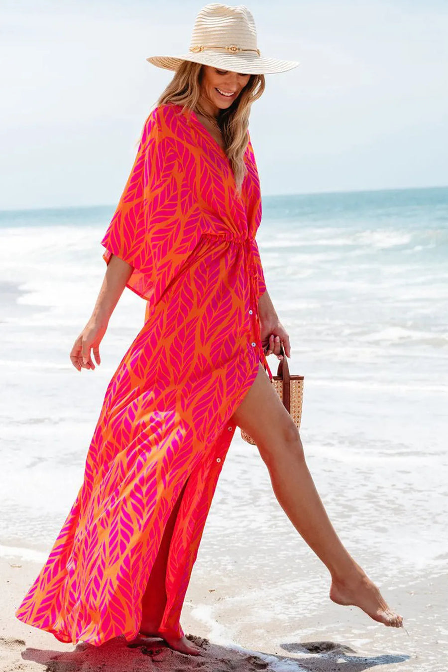 Drawstring Printed V-Neck Maxi Dress