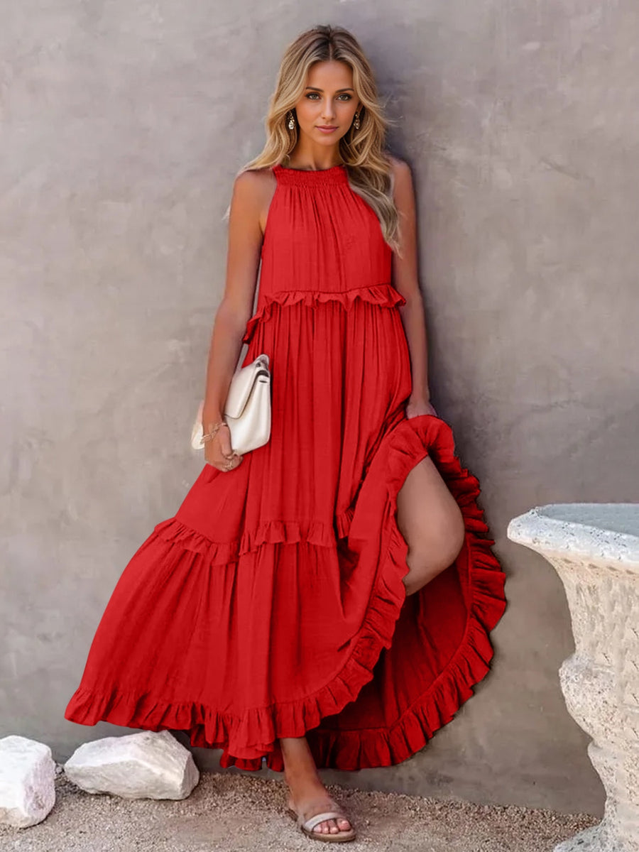 Razz Ruffled Tiered Maxi Dress with Pockets