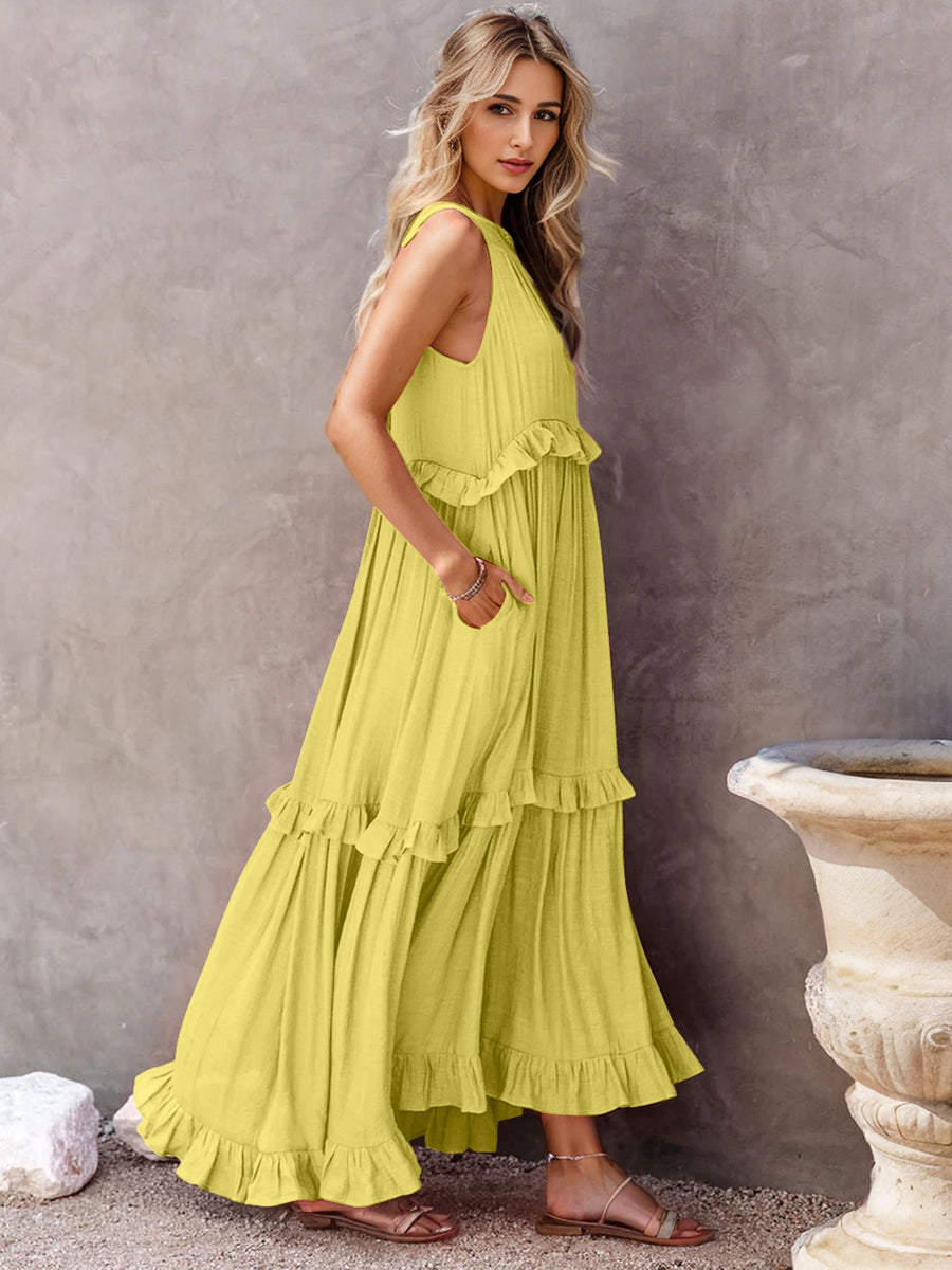 Razz Ruffled Tiered Maxi Dress with Pockets