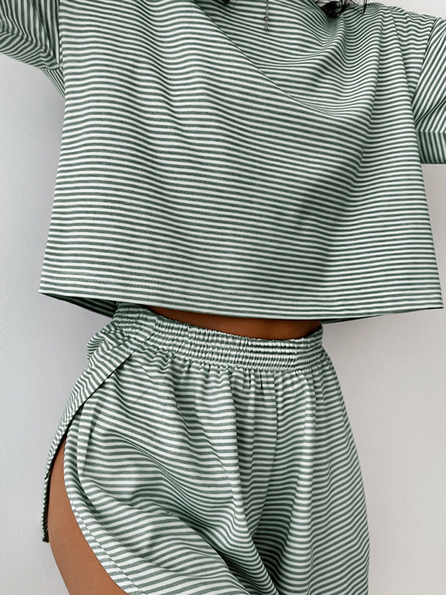 Charm Striped Round Neck Top and Shorts Set