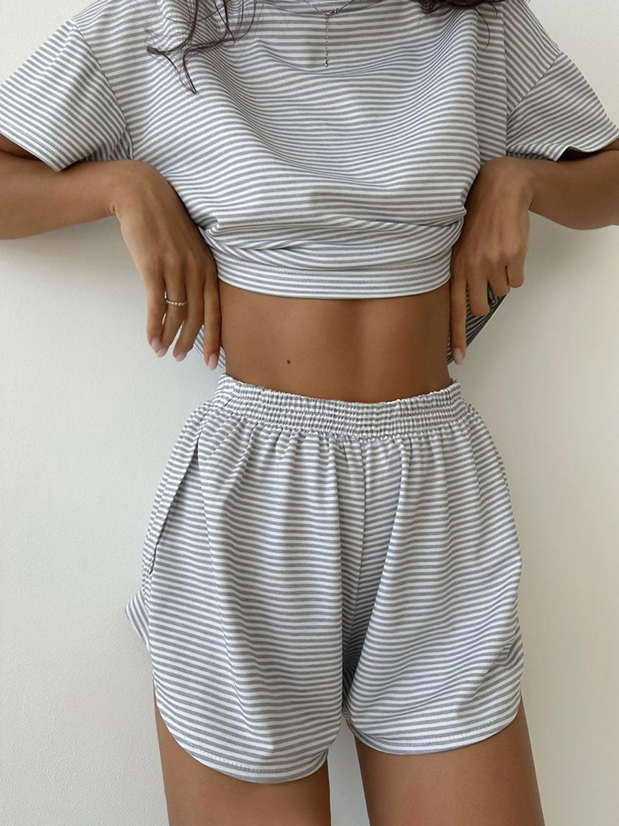 Charm Striped Round Neck Top and Shorts Set