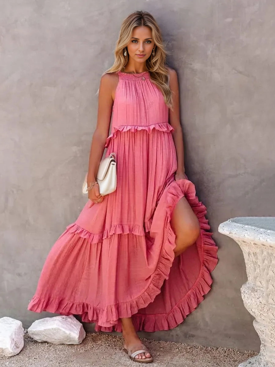 Razz Ruffled Tiered Maxi Dress with Pockets