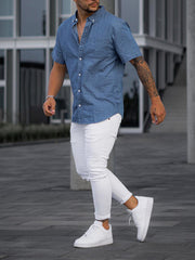 Faux Denim Casual Short Sleeve Shirt