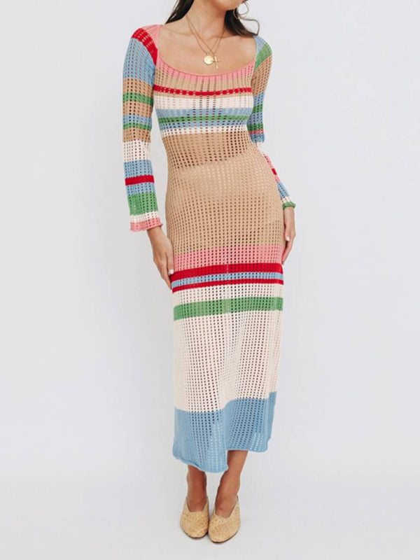 Honey U-neck Hollow Knitted Midi Dress