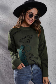 Dinosaur Pattern Round Neck Sweater