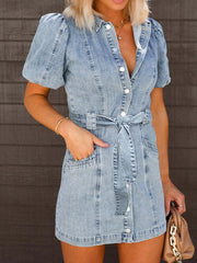 Endearing Puff Sleeve Mini Denim Dress