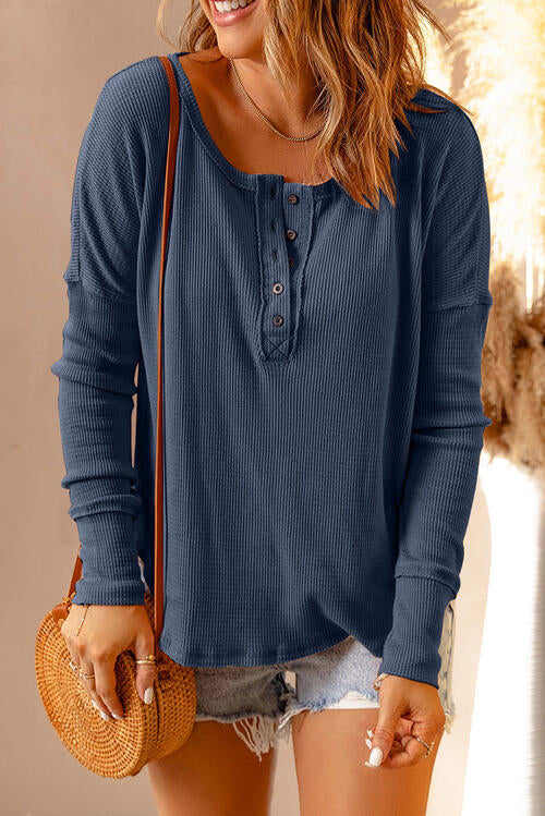 Wendy Waffle Knit Henley Long Sleeve Top