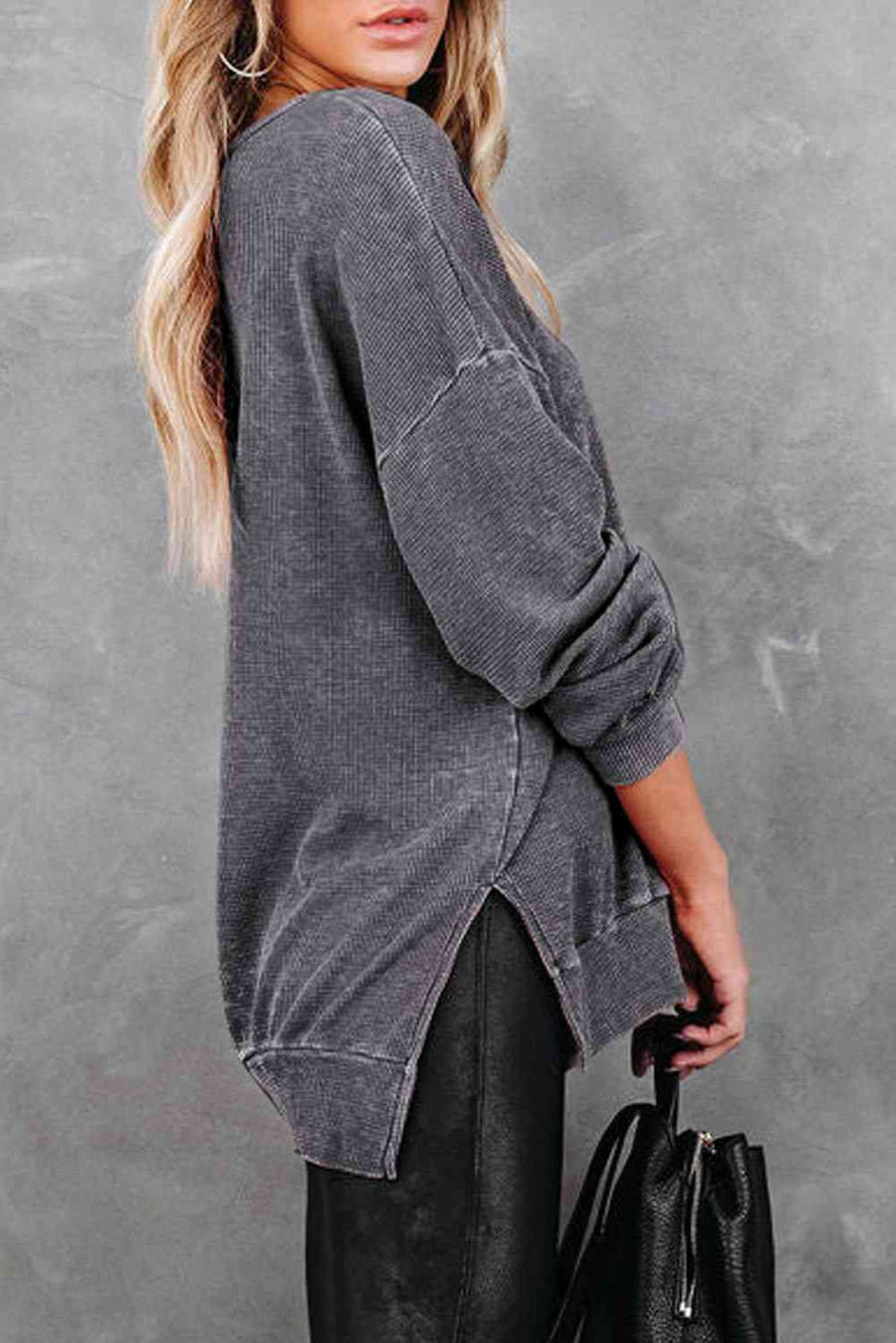 Wilson Waffle Knit Side Slit Drop Shoulder Sweatshirt