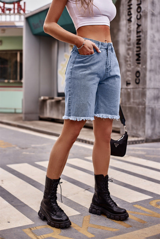 Jelissa Raw-edge Straight Denim Shorts