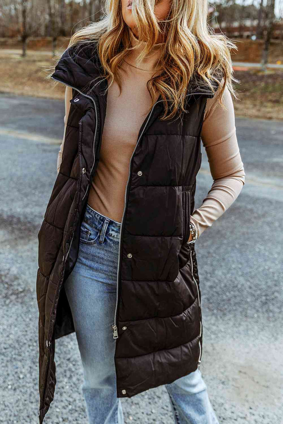 Kae Longline Hooded Sleeveless Puffer Vest