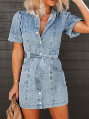 Endearing Puff Sleeve Mini Denim Dress