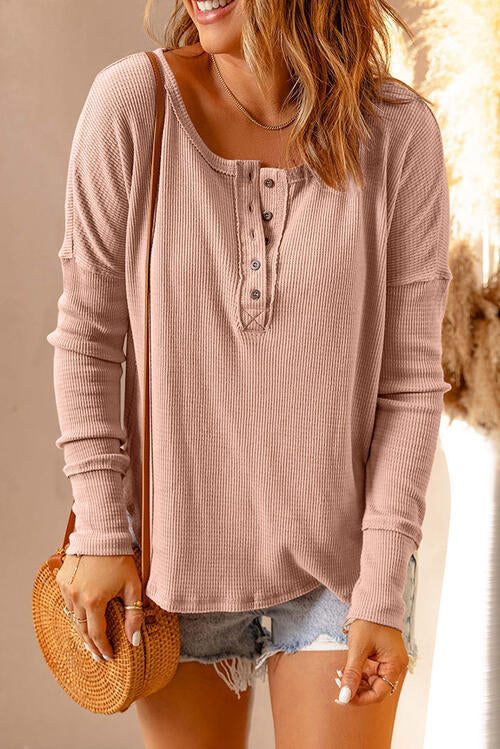 Wendy Waffle Knit Henley Long Sleeve Top