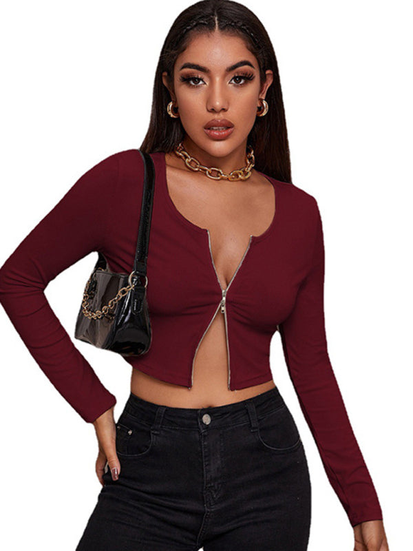 Expose Me Retro Zipper Long Sleeve Top