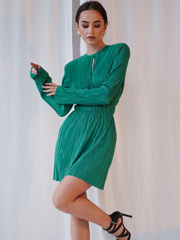 Esther Pleated Keyhole Cutout Mini Dress